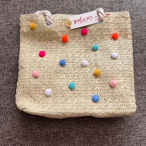 Cat & Jack Beach Straw Bag Rope Handle with Pom Poms New with Tags - Picture 2 of 4
